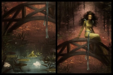 Tiana and the frog prince - girl, collage, melanie delon, frog, fantasy, art, tiana, prince, bridge, melaniedelon