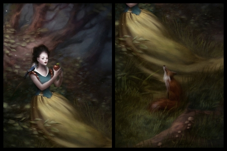 Snow White - apple, collage, melaniedelon, girl, fox, art, fantasy, fruit, melanie delon, vulpe, snow white