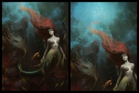 Little Mermaid - melaniedelon, water, summer, blue, collage, girl, sea, fantasy, siren, redhead, mermaid, melanie delon, art, vara