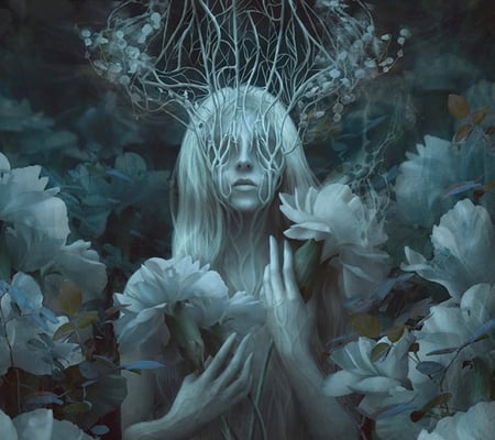 White crown - girl, marcela bolivar, crown, rose, fantasy, art, blue, peony, flower