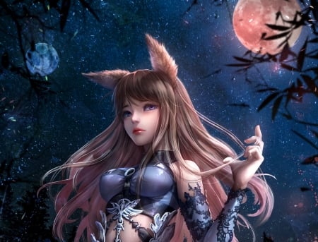 Peach fox - pink, piledriver, girl, night, luna, fox, blue, fantasy, ears, moon