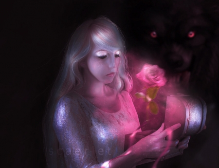 A rose from The Beast - girl, beauty, pink, fantasy, belle, rose, scaerlet, princess, the beast, art, luminos