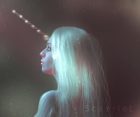 Portrait of a forgotten unicorn - girl, profile, frumusete, fantasy, white, art, scaerlet, luminos, unicorn