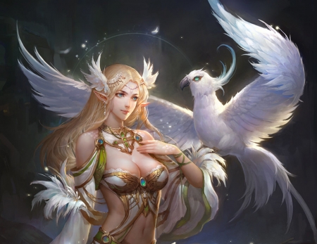 Fantasy girl - white, girl, shuying liang, wings, fantasy, blonde, bird