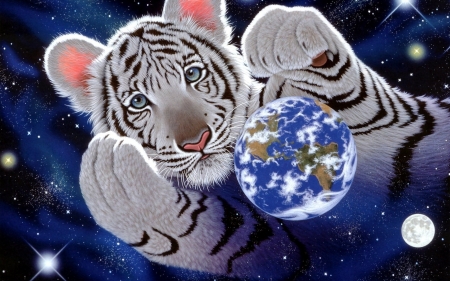 :) - cub, fantasy, tigru, white, art, luminos, blue, planet, tiger, earth