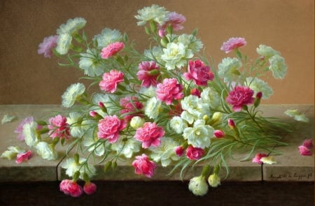 Flowers - flower, pink, raoul maucherat de longpre, pictura, white, green, painting, rose, art