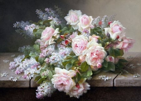 Flowers - raoul maucherat de longpre, pictura, painting, trandafir, rose, flower, art, pink