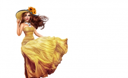 Girl - girl, hat, frumusete, summer, fantasy, wind, alex prihodko, yellow, luminos, dress