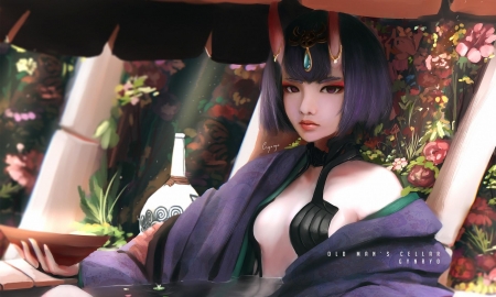 Shuten Douji - fantasy, blue, girl, shuten douji, demon, horns