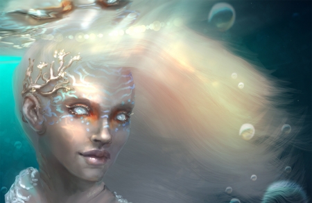 Mermaid - blue, girl, laura j weiner, ellyett wee, fantasy, white, mermaid, bubbles, face, art