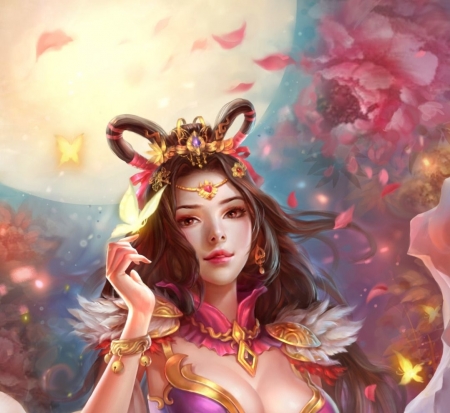 Princess - moon, blossom, girl, spring, flower, pink, frumusete, fantasy, asian, luminos, luna