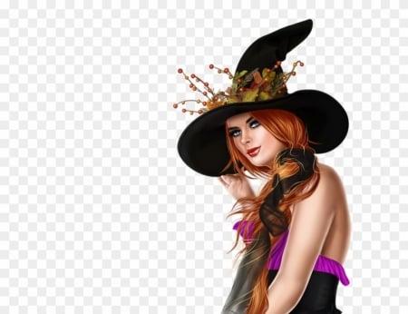 Witch - witch, fantasy, alex prihodko, pink, black, hat, girl, redhead