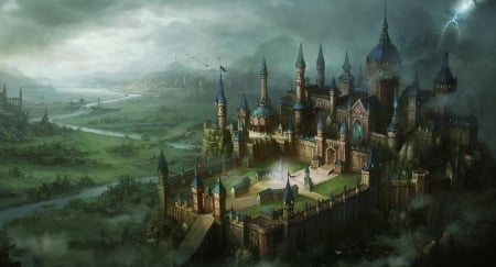 Fantasy Castle - out, fantasy, castle, cloudy, skies