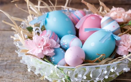 Happy Easter! - easter, basket, blue, egg, card, flower, pink