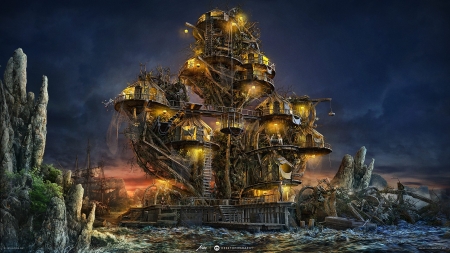 Pirate island - desktopography, fantasy, pirate island, lights