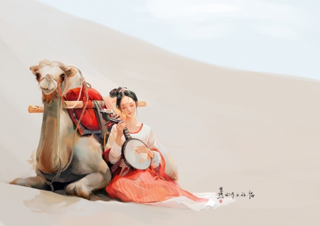 :) - girl, fanxiu, instrument, fantasy, asian, art, camel, fan xiu, luminos, animal, orange, desert, sand