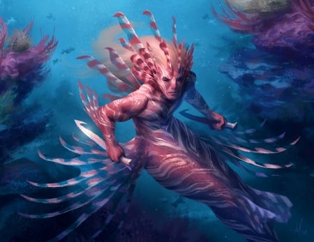 Lionfish - pink, andrew mar, blue, fantasy, mermaid, lionfish, sea, underwater, man