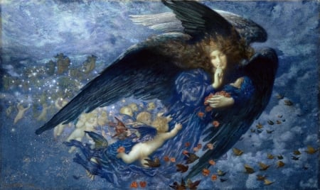 Night with train of stars - edward robert hughes, angel, girl, fantasy, black, painting, art, cupid, blue, pictura, night with train of stars