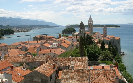 Town in Croatia - belltower, town, Croatia, sea, houses, church