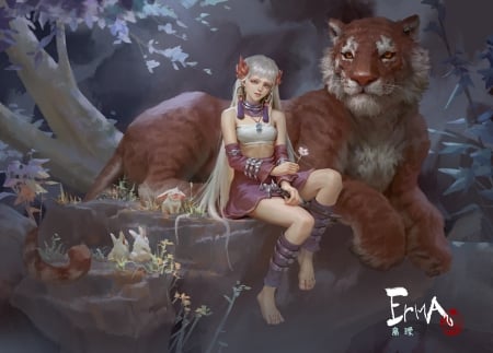 Girl and tiger - brown, girl, tiger, frumusete, fantasy, jinhao yang, tigru, art, luminos