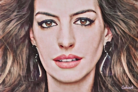 Anne Hathaway - by cehenot, portrait, Anne Hathaway, face, cehenot, art, pink, actress