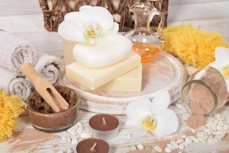 Spa accessories - towel, apricot, flowers, soap