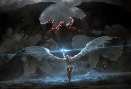 Final battle - red, demon, grzegorz rutkowski, girl, art, wings, white, fantasy, luminos, angel