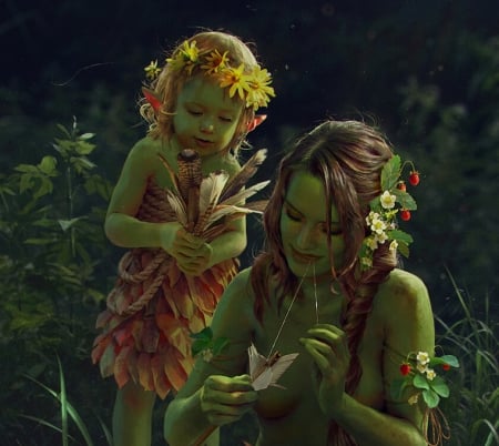 Dryads - mother, copil, fantasy, anna podedworna, art, dryad, chilc, baby, luminos, green, flower