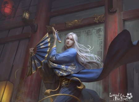 Doji Shigeru - hand fan, girl, luminos, asep ariyanto, blue, kimono, asian, fantasy