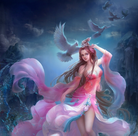 Fantasy girl - bird, chris chan, blue, dove, girl, pink, frumusete, pasari, fantasy, wind, luminos