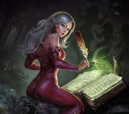 Grimoire writer Eirene - witch, art, igor grechanyi, girl, feather, book, fantasy, grimoire