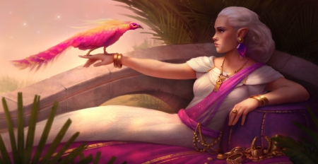 Empress of High Gardens - margery tyrell, girl, fantasy, bird, art, pasari, jan drenove, empress, pink, hand, luminos, high gardens, game of thrones