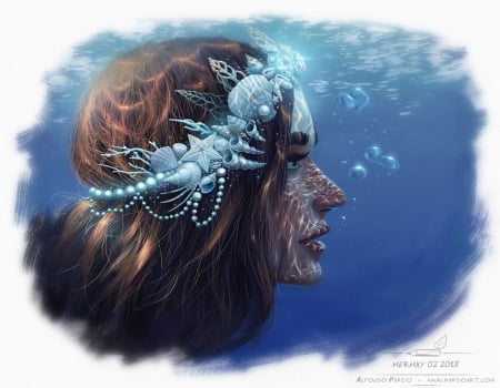 Mermaid - alfonso pardo martinez, water, summer, blue, profile, girl, jewel, fantasy, white, siren, mermaid, face, vara