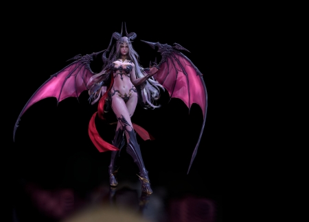 Demoness - girl, wings, fantasy, black, horns, dark, pink, min gi choi, luminos, bat, demon