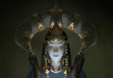 Priestess - face, art, girl, luminos, jewel, minhua fang, priestess, fantasy