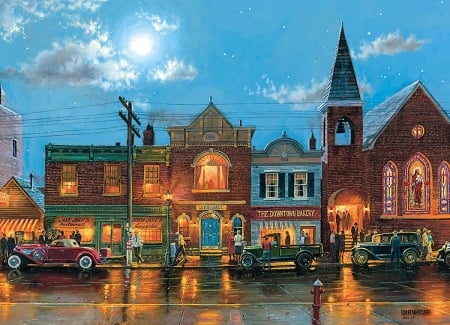 Evening Service - painting, houses, street, people, bakery, artwork, cars, city hall