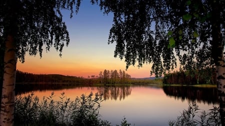 Blue and orange - lake, sunset, water, tree