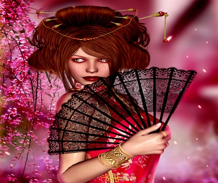 Japanese Costumes Traditional - red, hand fan, black, japanese, woman