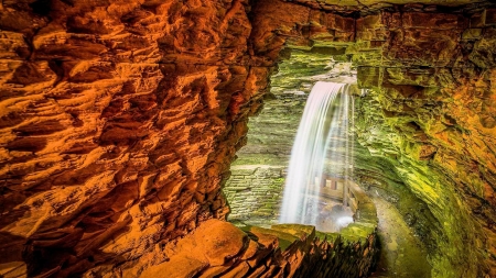 Waterfall in a Cave - cascade, path, rocks, river