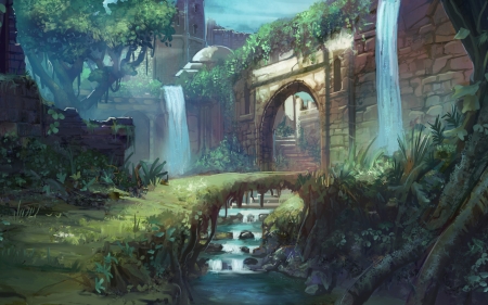 Fantasy Falls - art, cascades, waterfalls, arcade, bridge