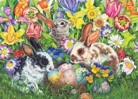 Easter Bunnies in the Garden - flowers, puzzle, rabbits, garden, three