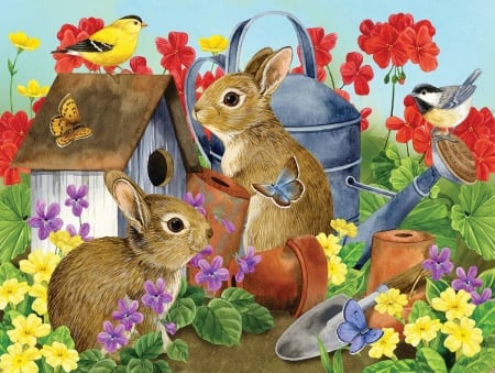 Rabbits in the Flower Garden - flowers, puzzle, rabbits, garden, wild, three