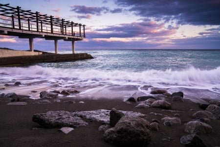 Dawn at a beach - beach, photography, pier, dawn, structure, wooden, nature, excellence, 4K, rocks