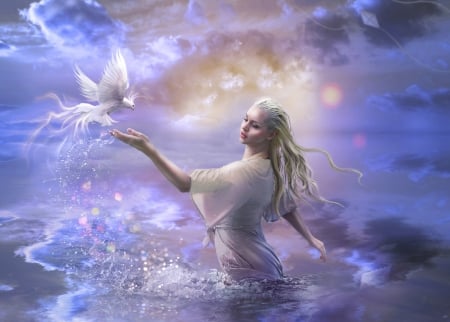 Spring - girl, water, frumusete, fantasy, 1simplemanips1, spring, bird, pasari, pink, blue, luminos