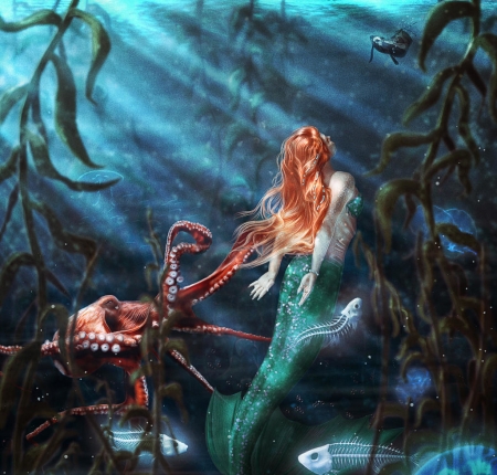 Mermaid - amedeya, summer, water, siren, redhead, blue, fantasy, mermaid, fish, luminos, vara, underwater