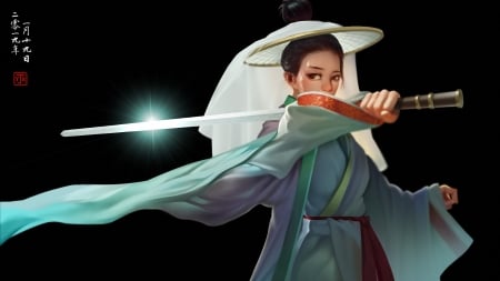 Samurai girl - sword, fantasy, katana, kimono, girl, samurai, art