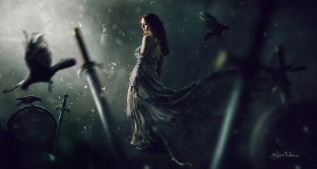 Alone - panjoool, girl, sword, fantasy, bird