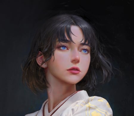 Girl - white, face, art, girl, yuhong ding, samurai, black, fantasy