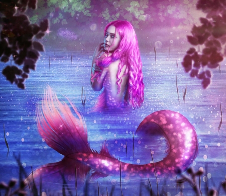 Mermaid - water, summer, blue, amedeya, girl, pink, fantasy, siren, mermaid, vara, luminos