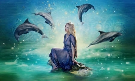 Fantasy Dancing Dolphins - dolphins, enchanting, water, Fantasy woman, ocean, magical, dreamy